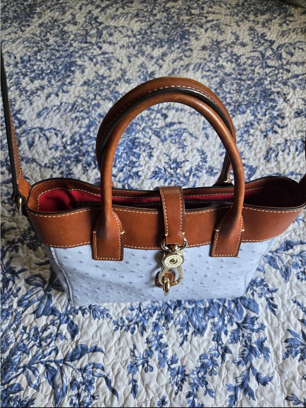 Dooney & Bourke
Beautiful light blue Ostrich 
Leather Satchel with Brown Triim - Picture 4 of 16
